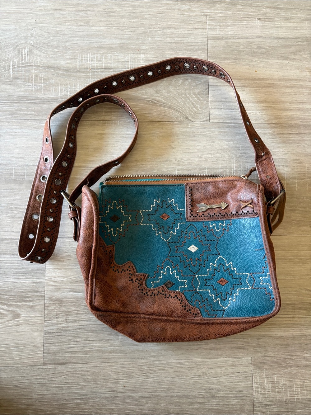 Catchfly Brown & Teal Crossbody Bag with Southwestern Embroidery